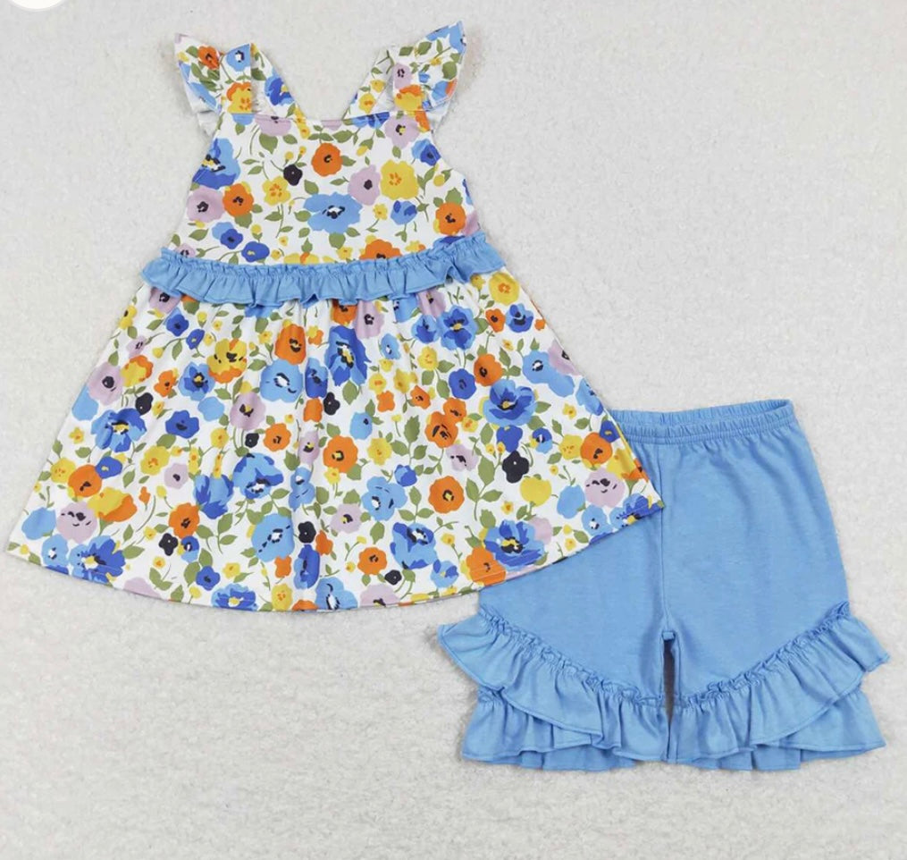 Blue Floral Shorts Set